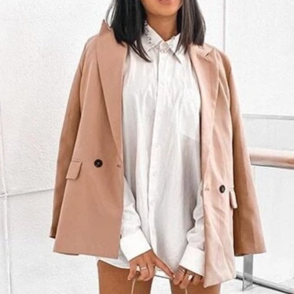 TAN Double Breasted Lapel Neck Blazer - Picture 7 of 15